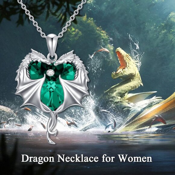 925 Sterling Silver Green Heart Dragon Necklace for Women Girls with Austrian Cr - Picture 6 of 7